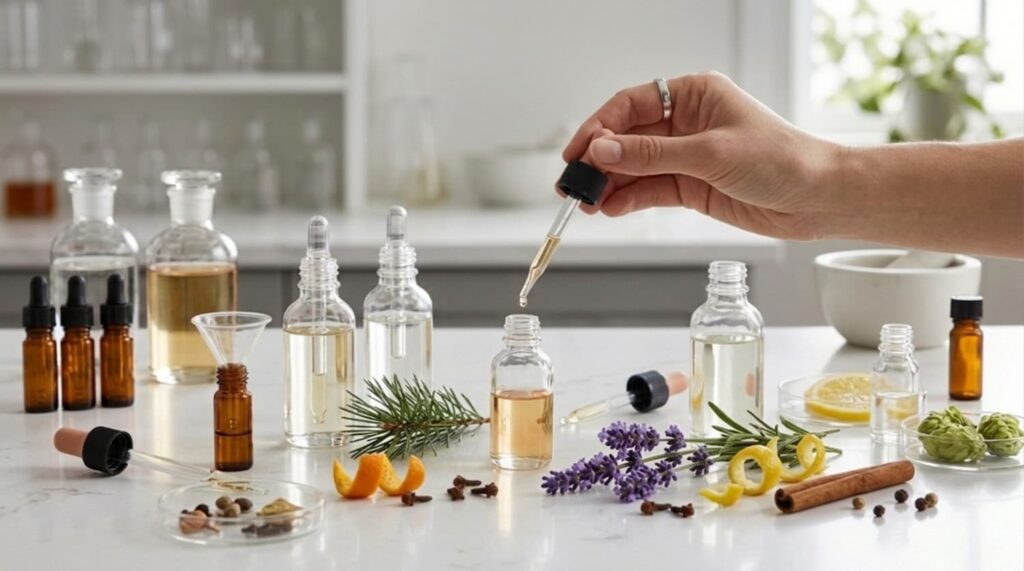 Mixing terpenes by hand with a glass dropper in a bright lab-style workspace with botanical ingredients and blending tools
