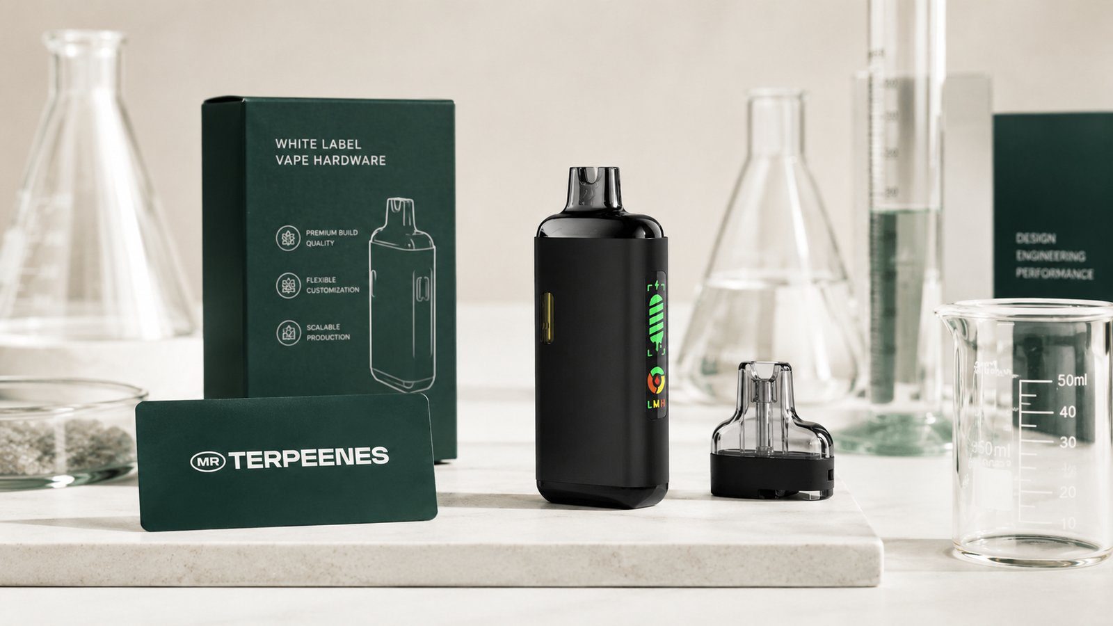 Branded white label disposable vape hardware device with custom dark green Mr Terpeenes packaging