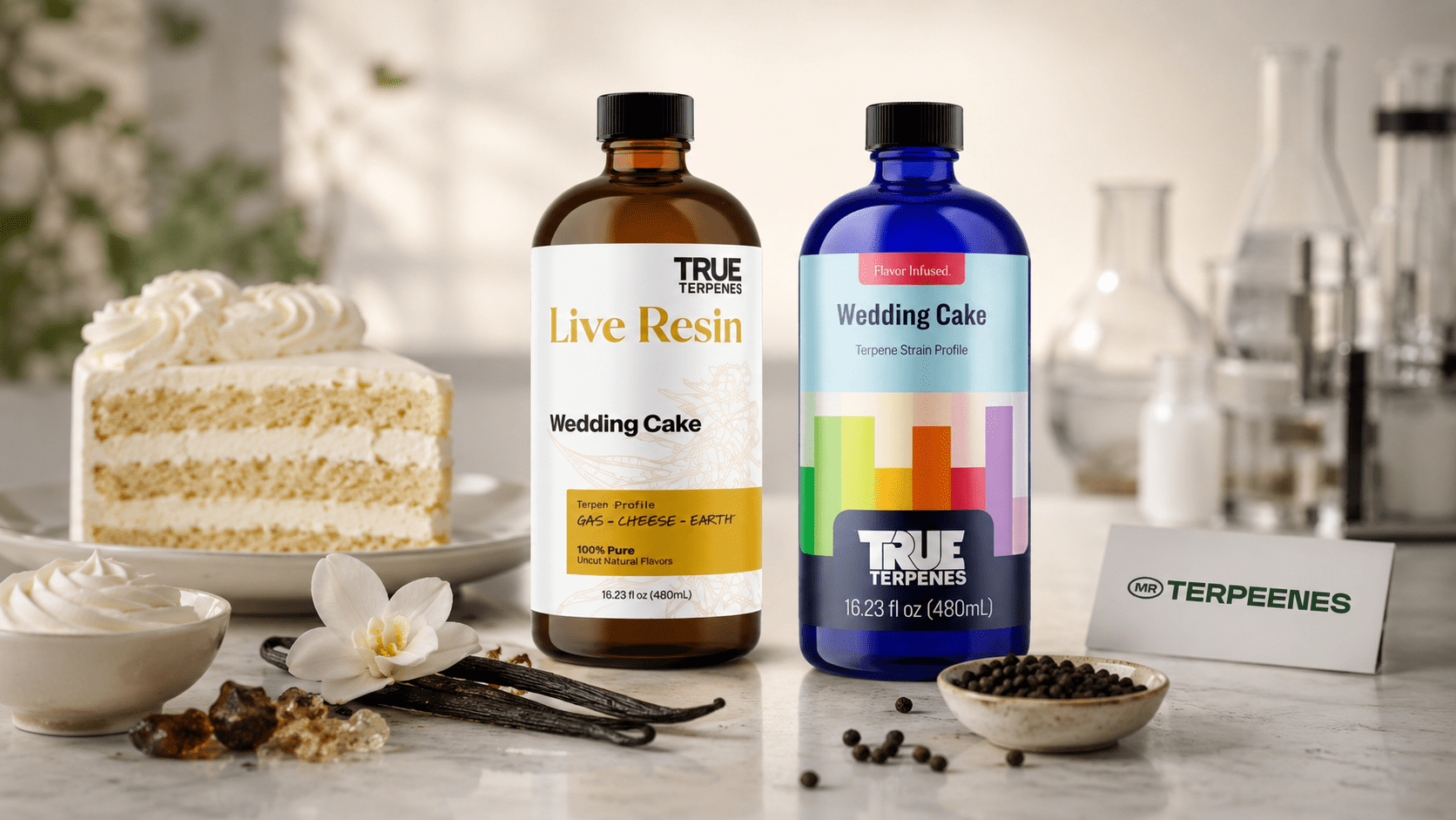 Wedding Cake Terpene Profile: Sweet, Creamy and Gas Notes Explained 2 Wedding Cake terpene bottles beside lab glassware, vanilla and peppercorns representing terpene blend formulation