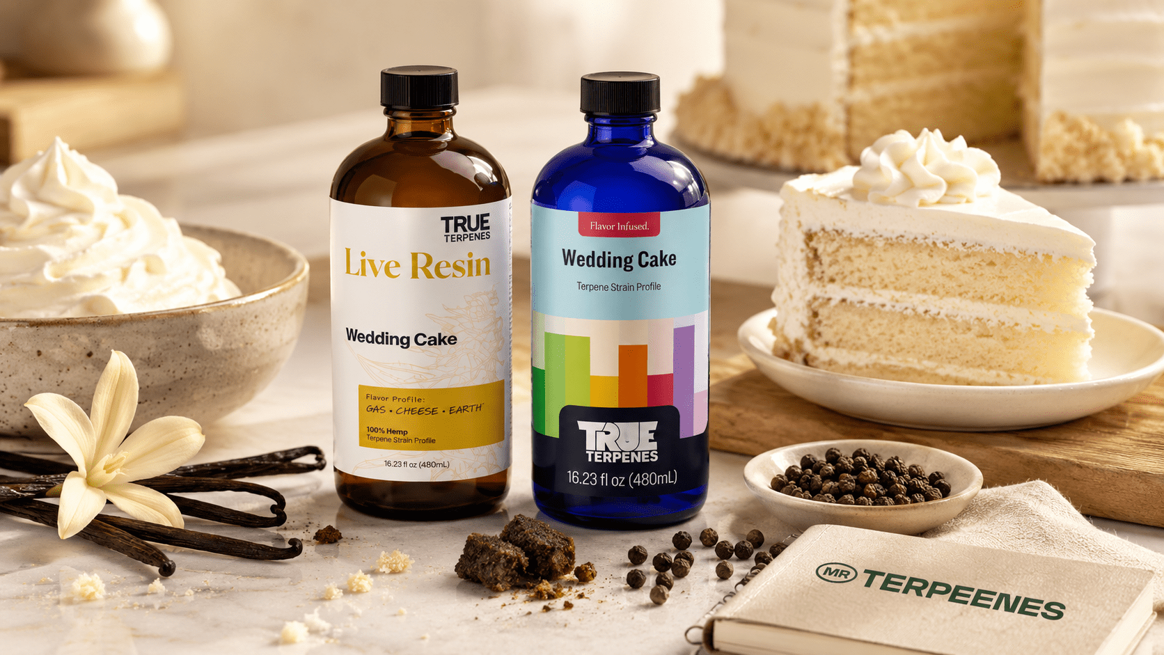 Wedding Cake terpene bottles with vanilla, cake, cream and black pepper showing the sweet, creamy and gassy flavour notes
