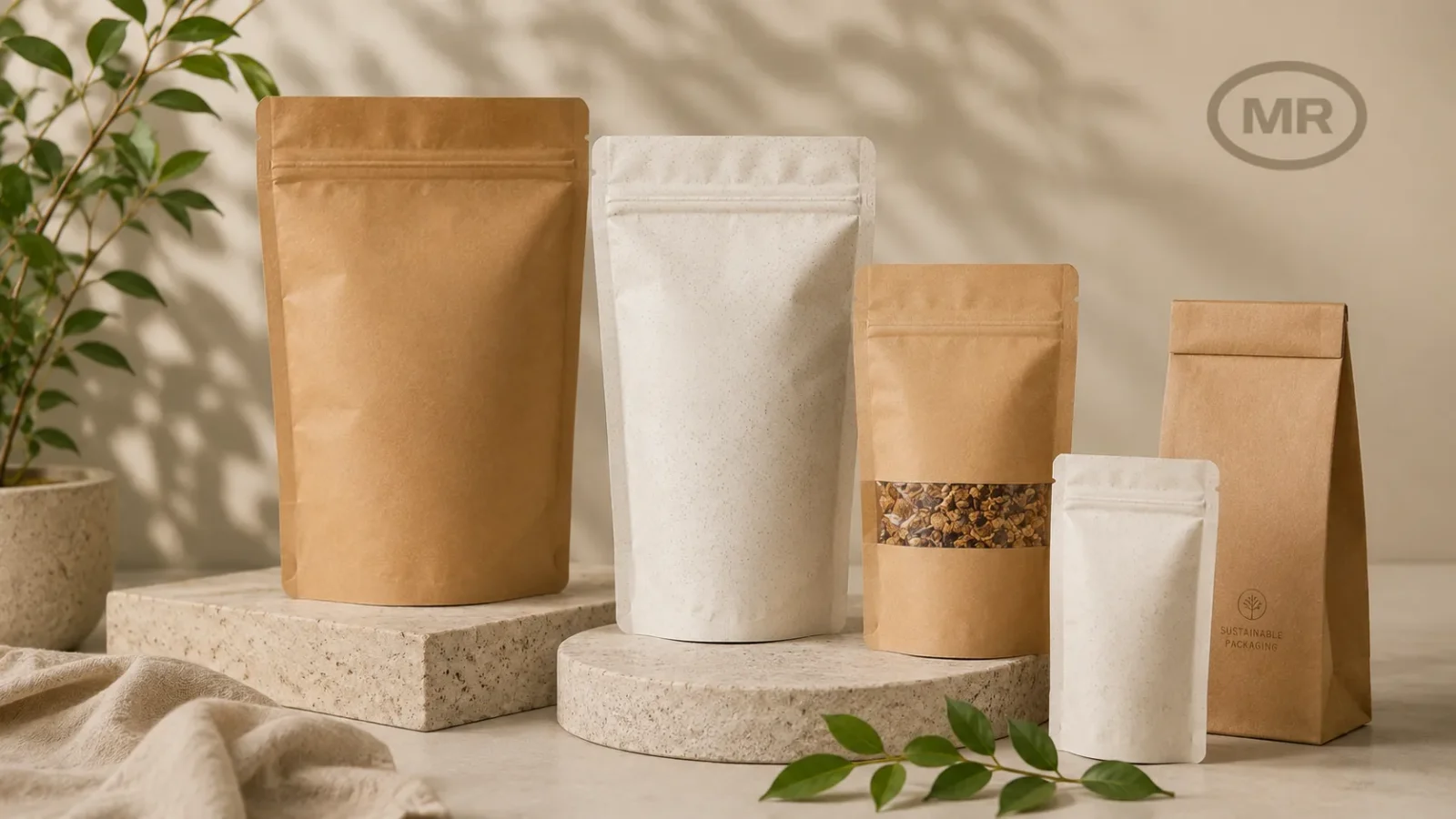 Kraft and cream recyclable pouches for custom sustainable packaging