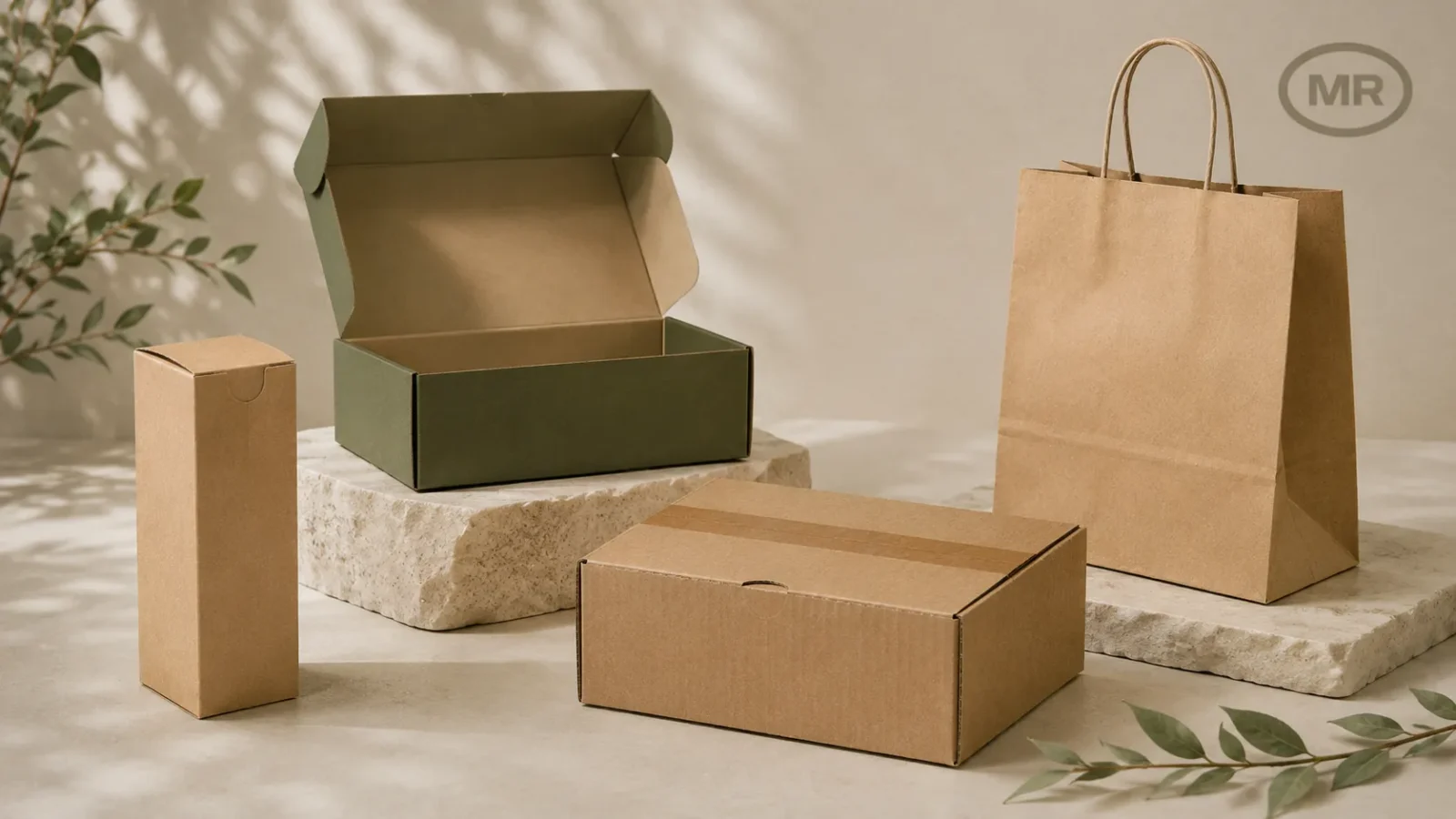 Kraft mailer boxes and paper bag for reduced-material packaging projects