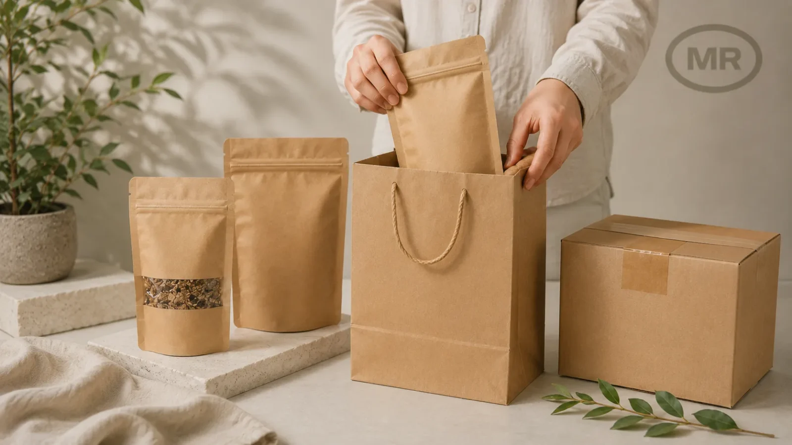 Hands placing kraft pouch into paper bag for custom sustainable packaging fulfilment