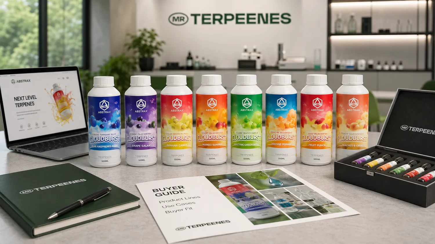 Abstrax Tech Terpenes: Product Lines, Use Cases & Buyer Fit 2 Abstrax Tech CloudBurst and signature terpene product lines lined up next to a buyer guide brochure on a Mr Terpeenes laboratory bench