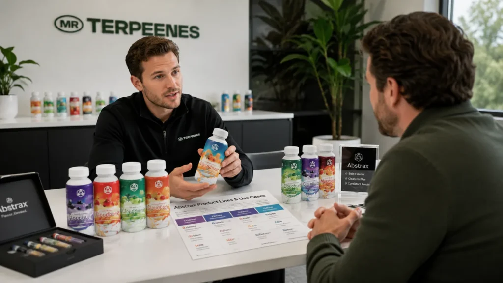 Mr Terpeenes consultant explaining Abstrax Tech terpenes product lines and use cases to a buyer at a showroom table