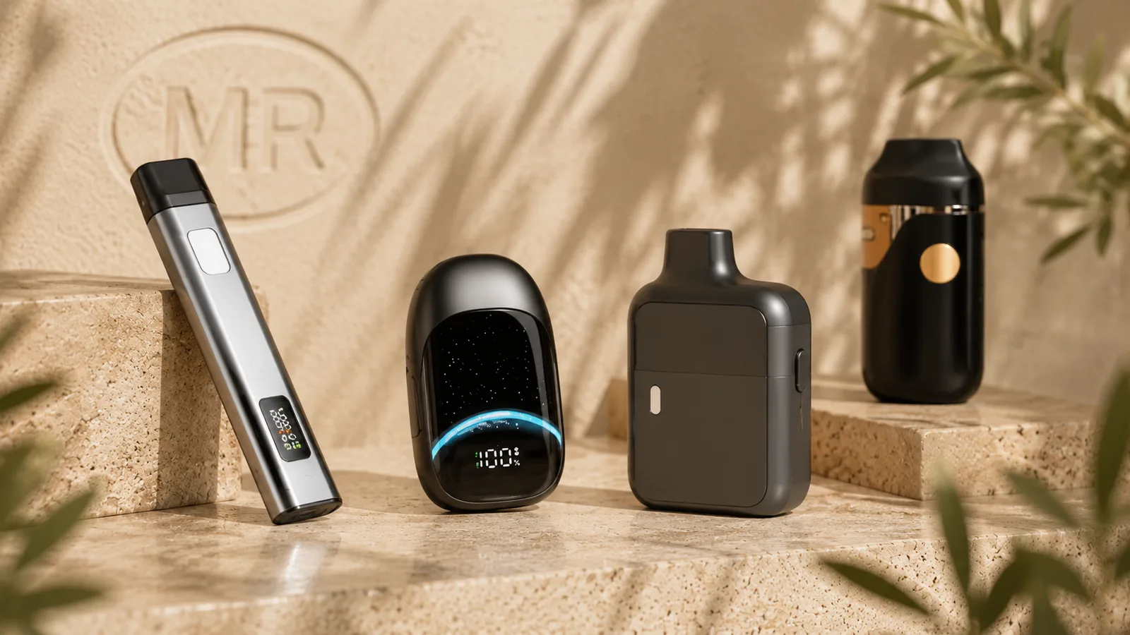 Close-up of all-in-one vape devices with digital battery displays and pod formats