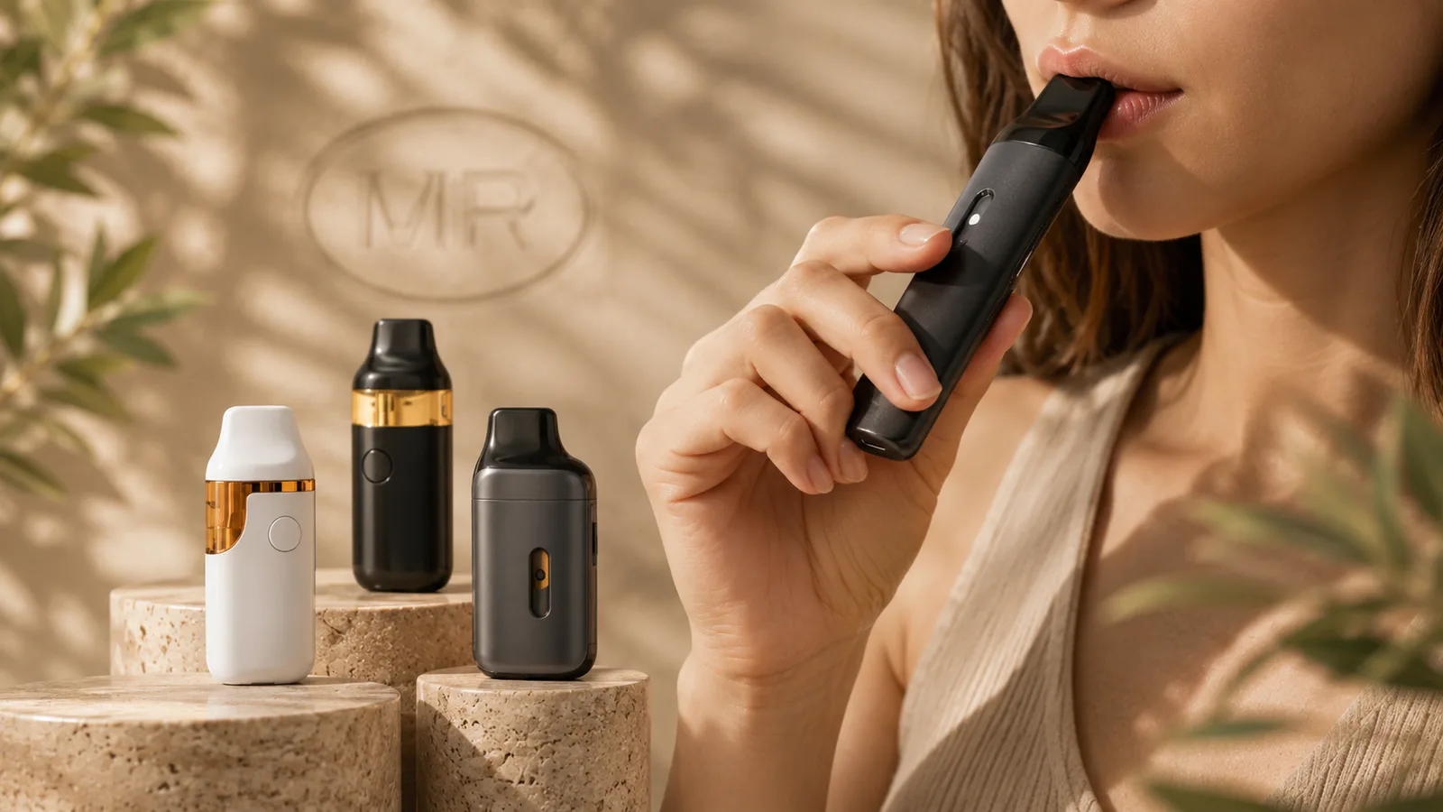 Person holding a black all-in-one vape device beside pod-format devices
