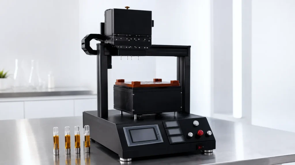CBD Oil Vape Cartridge Filling and Capping Machine: Buyer Checklist for Brands 3 Automatic CBD cartridge capping equipment seating press caps onto freshly filled vape cartridges