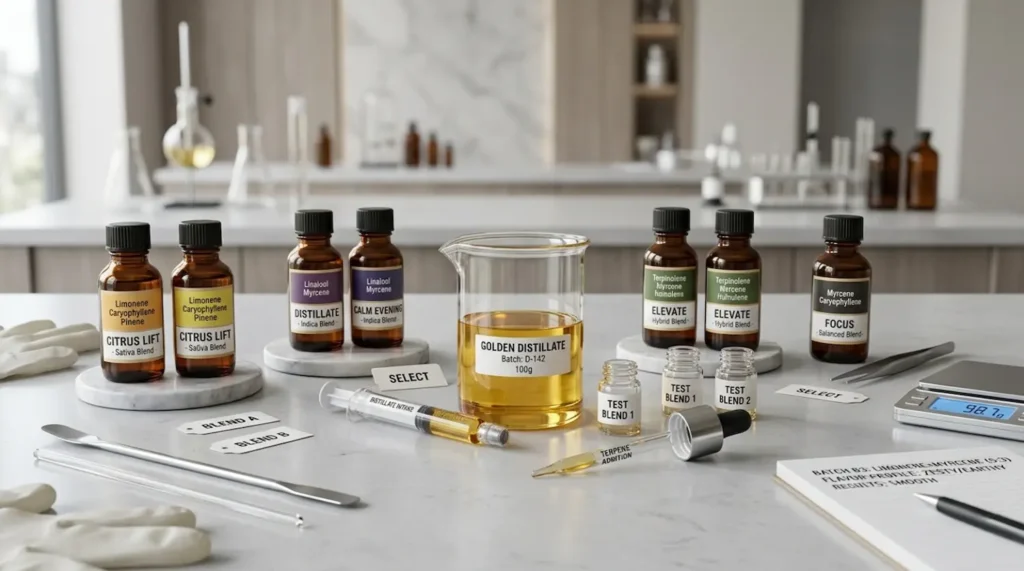 terpene blending process for distillate to improve flavour and consistency