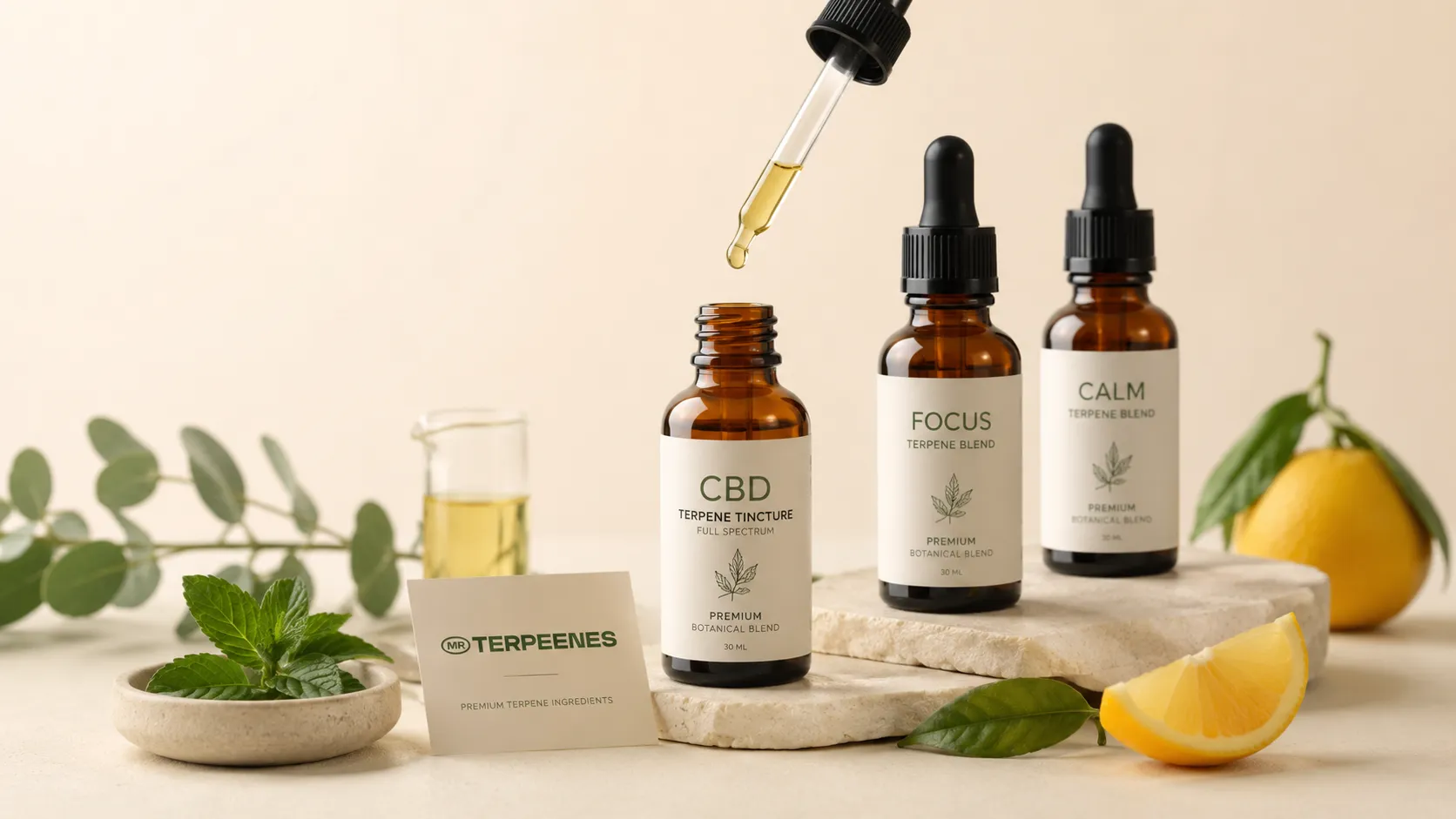 Best Terpenes for CBD Oil and Tinctures: How to Choose 3 Bottles of botanical terpene blends arranged by aroma direction — citrus, floral, earthy and gas — for CBD oil branding.