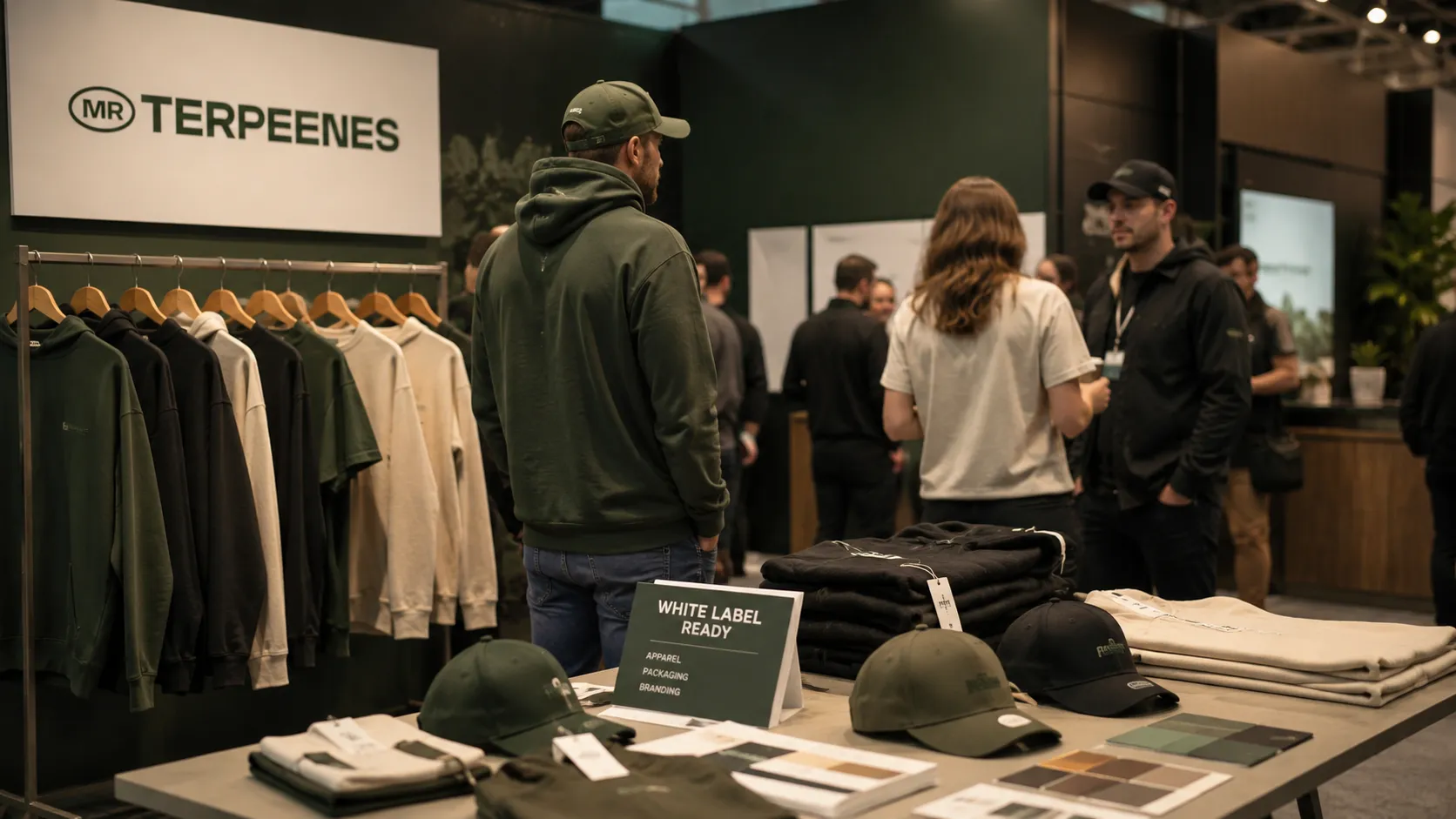 White label apparel for cannabis brands displayed at an industry event