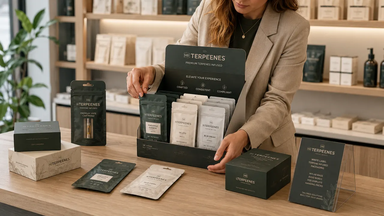 White Label Packaging for Terpene and Vape Brands: Mylar Bags, Rigid Boxes and POS Displays 3 Branded countertop POS display holding mylar bags for terpene and vape products in a retail setting