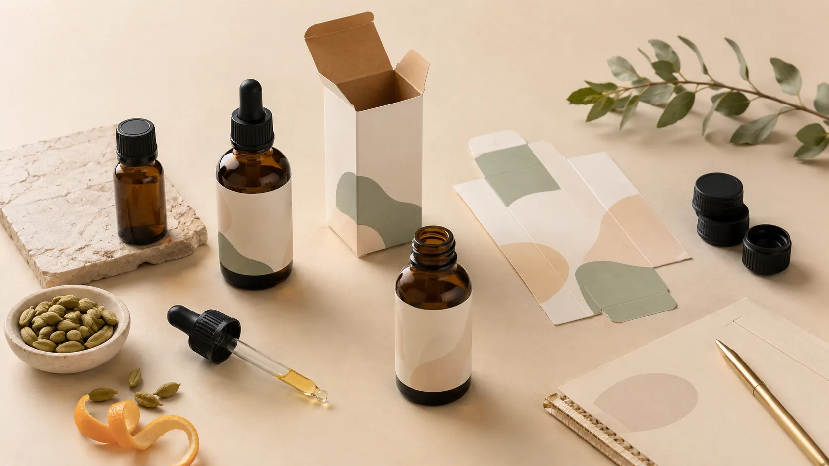 Custom labelled amber terpene bottles with secondary cartons, pipette and botanical accents for a private label range