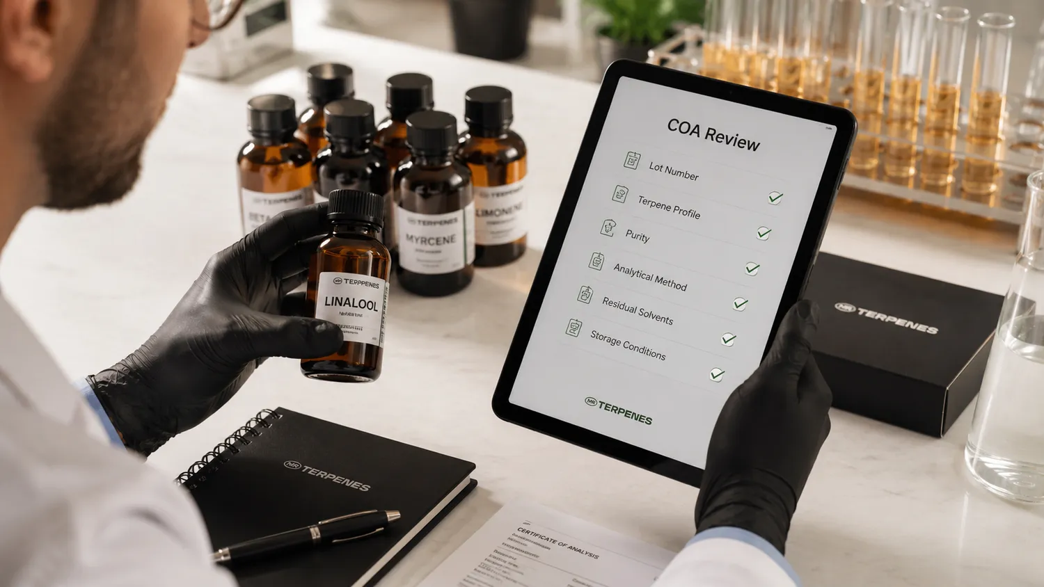Bulk terpene buyer reviewing a certificate of analysis before ordering