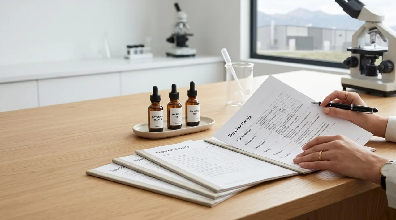 Production manager reviewing supplier criteria for buying terpenes alongside three labelled dropper bottles