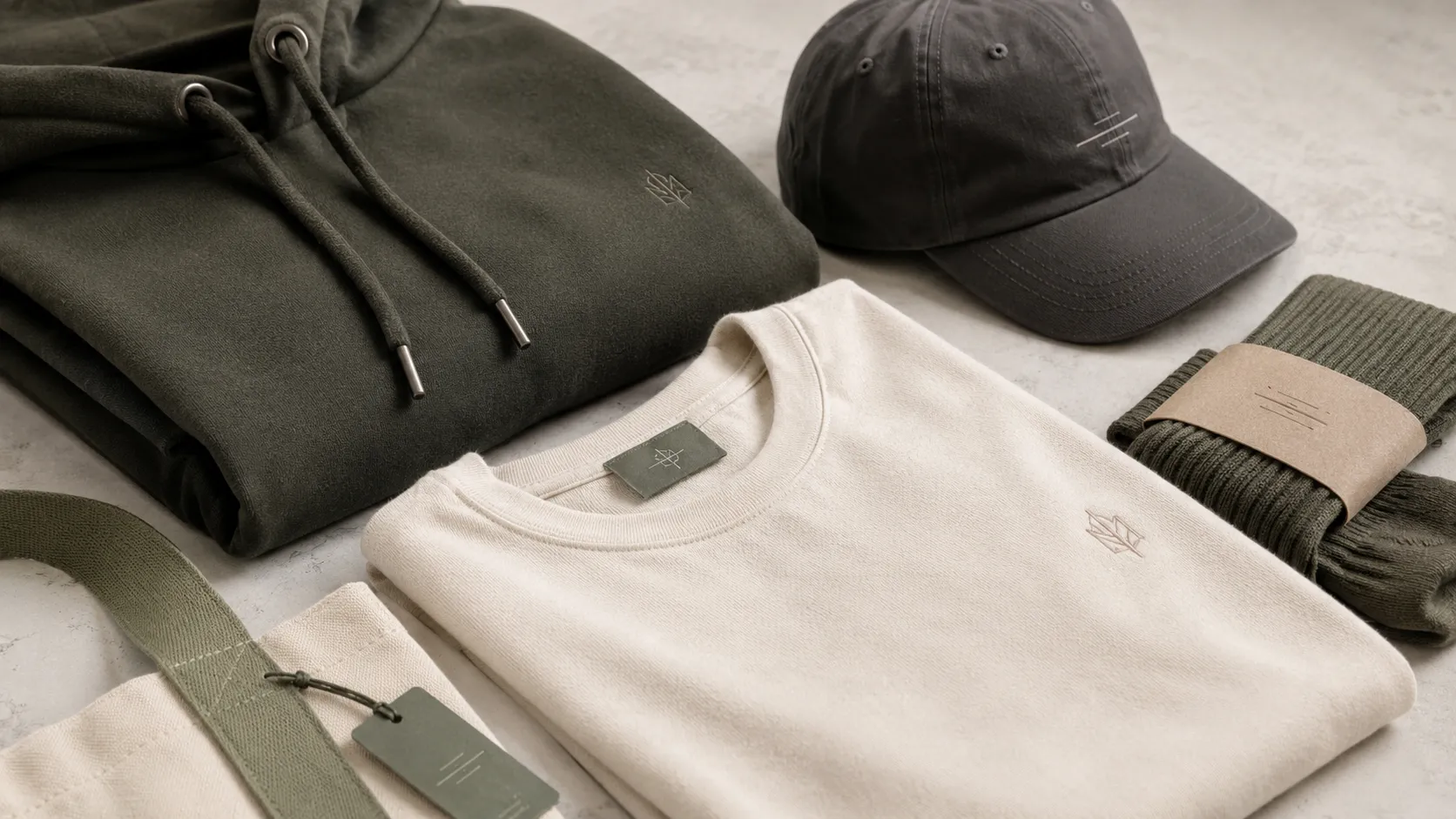 Close-up of custom apparel, headwear and accessories for cannabis brand merchandise