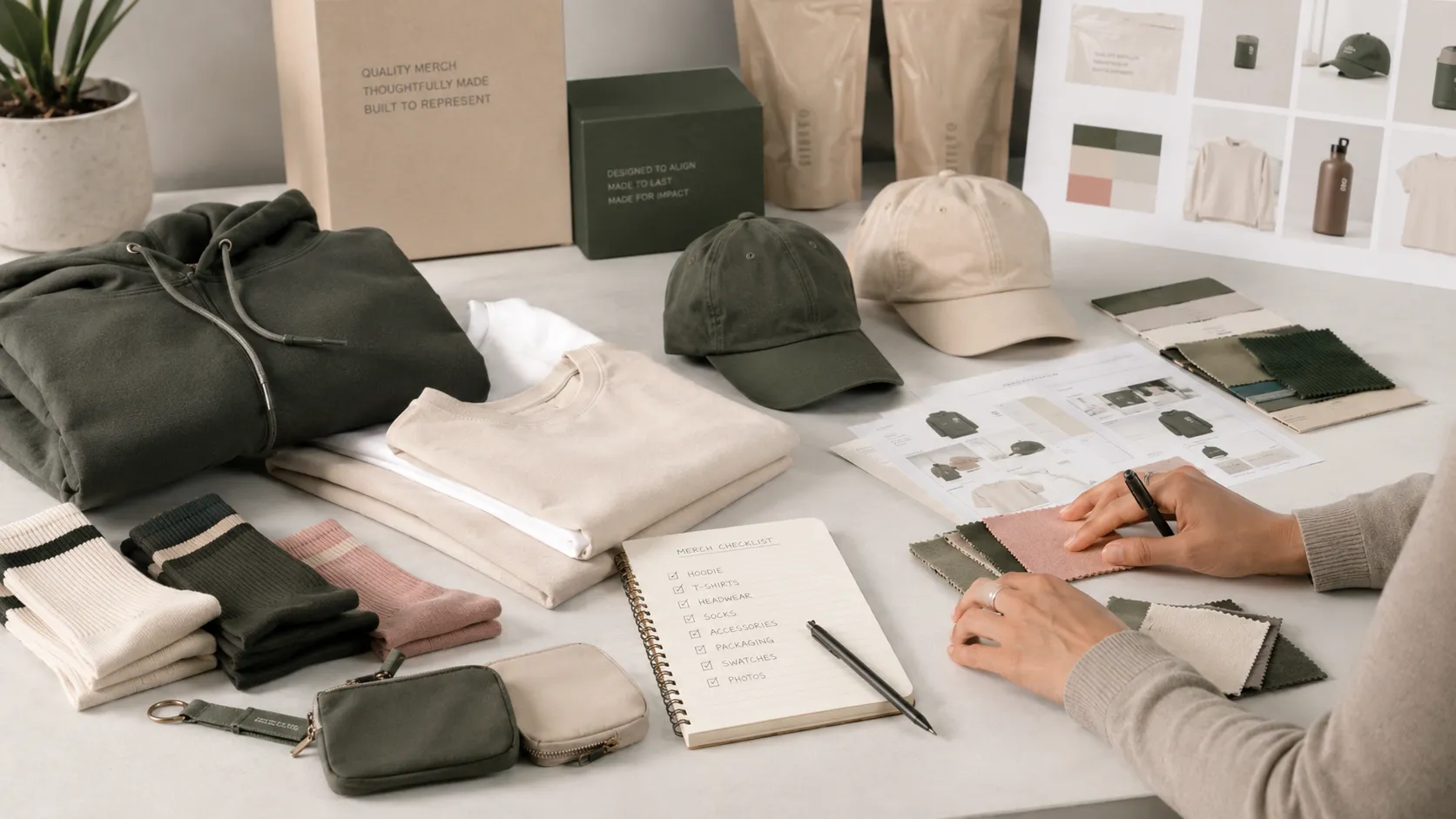 Merchandise planning session for cannabis and CBD brands reviewing apparel, socks, caps and accessories