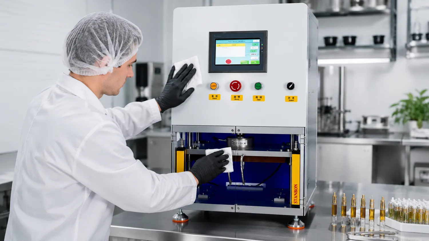 Cartridge filling machine cleaning checklist being followed on a control panel during oil filling machine maintenance