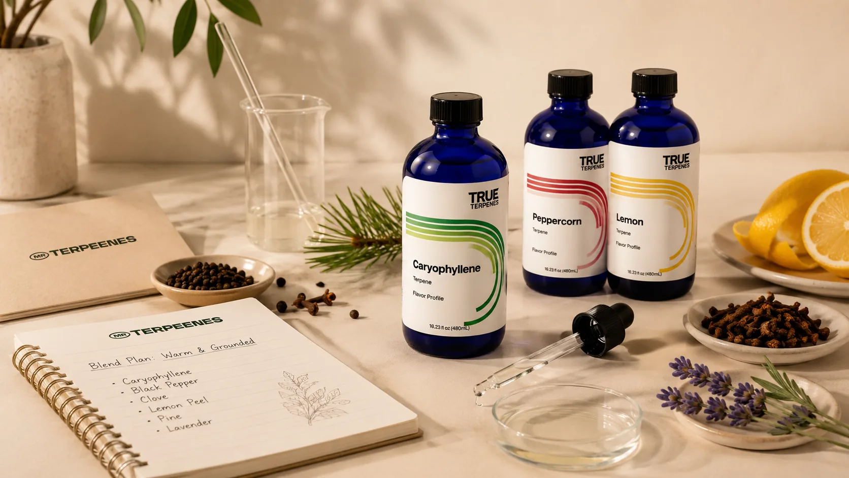 Caryophyllene Terpene Profile: Aroma, Flavour Pairings and How to Use It in Blends 2 Caryophyllene blend tips for terpene formulation and product development with bottles and a blend planning sheet