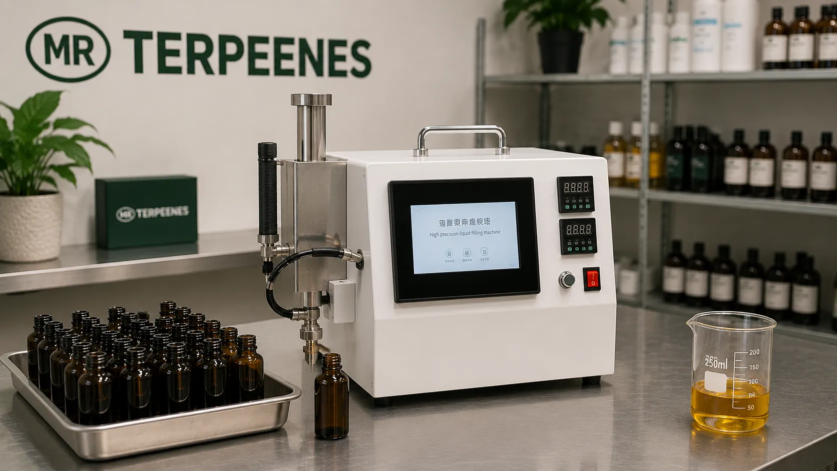 CBD Oil Filling Machine Setup: Accuracy, Viscosity and Batch Control for Brands 3 Piston filling machine next to a beaker of golden oil and a tray of empty amber bottles during a fill accuracy check