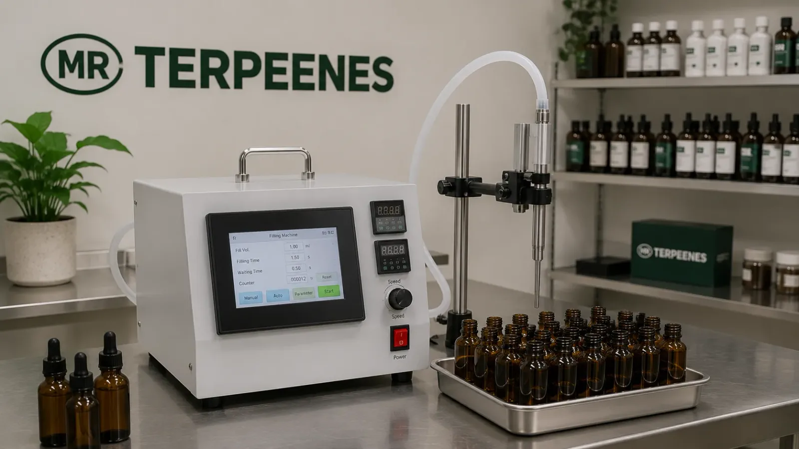 Benchtop liquid filling machine set to a 1 ml fill volume beside a tray of amber dropper bottles in a production workspace