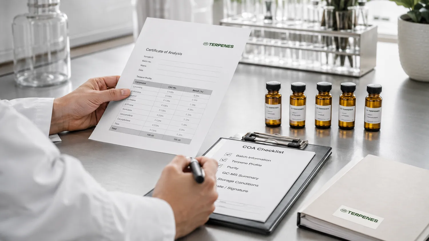 Certificate of analysis for terpenes showing GC-MS purity and residual solvents