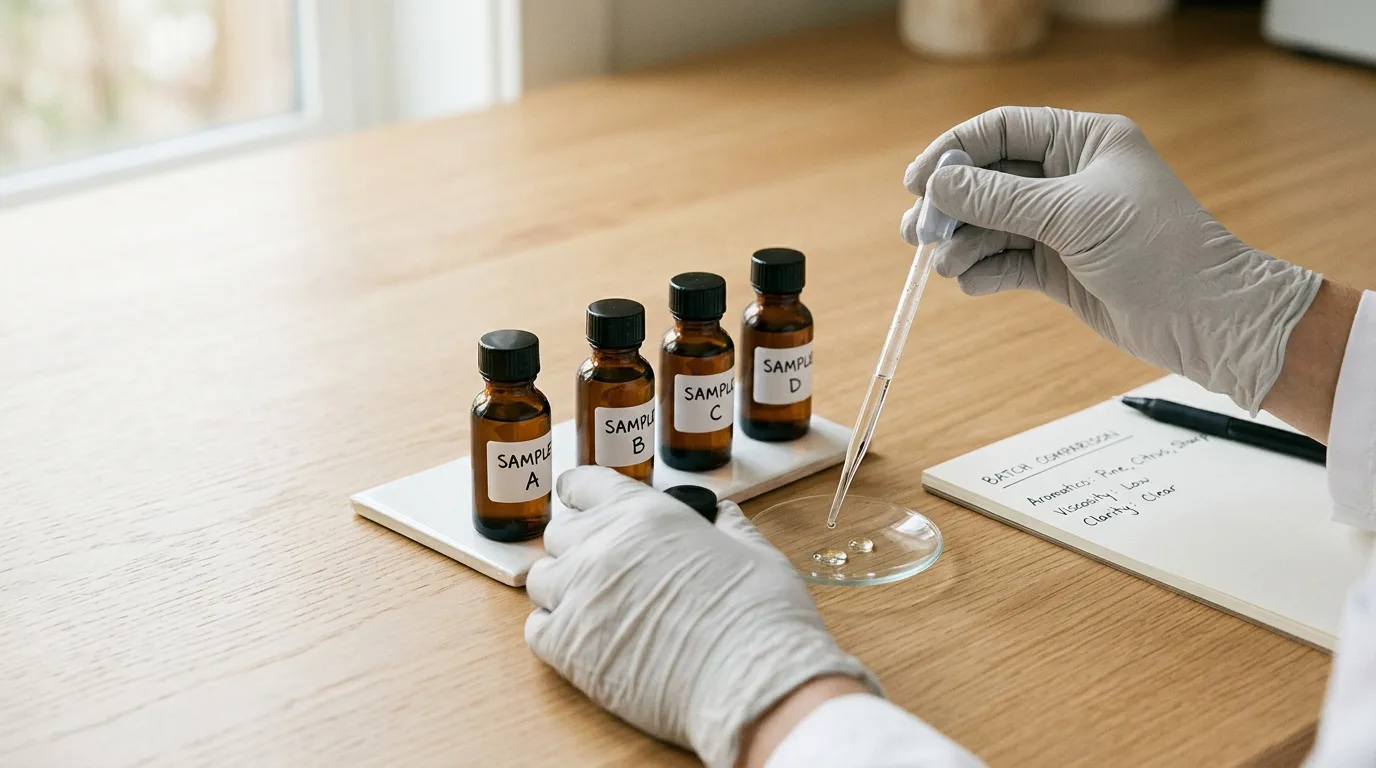 Lab technician using a pipette to evaluate four labelled terpene samples before a bulk order