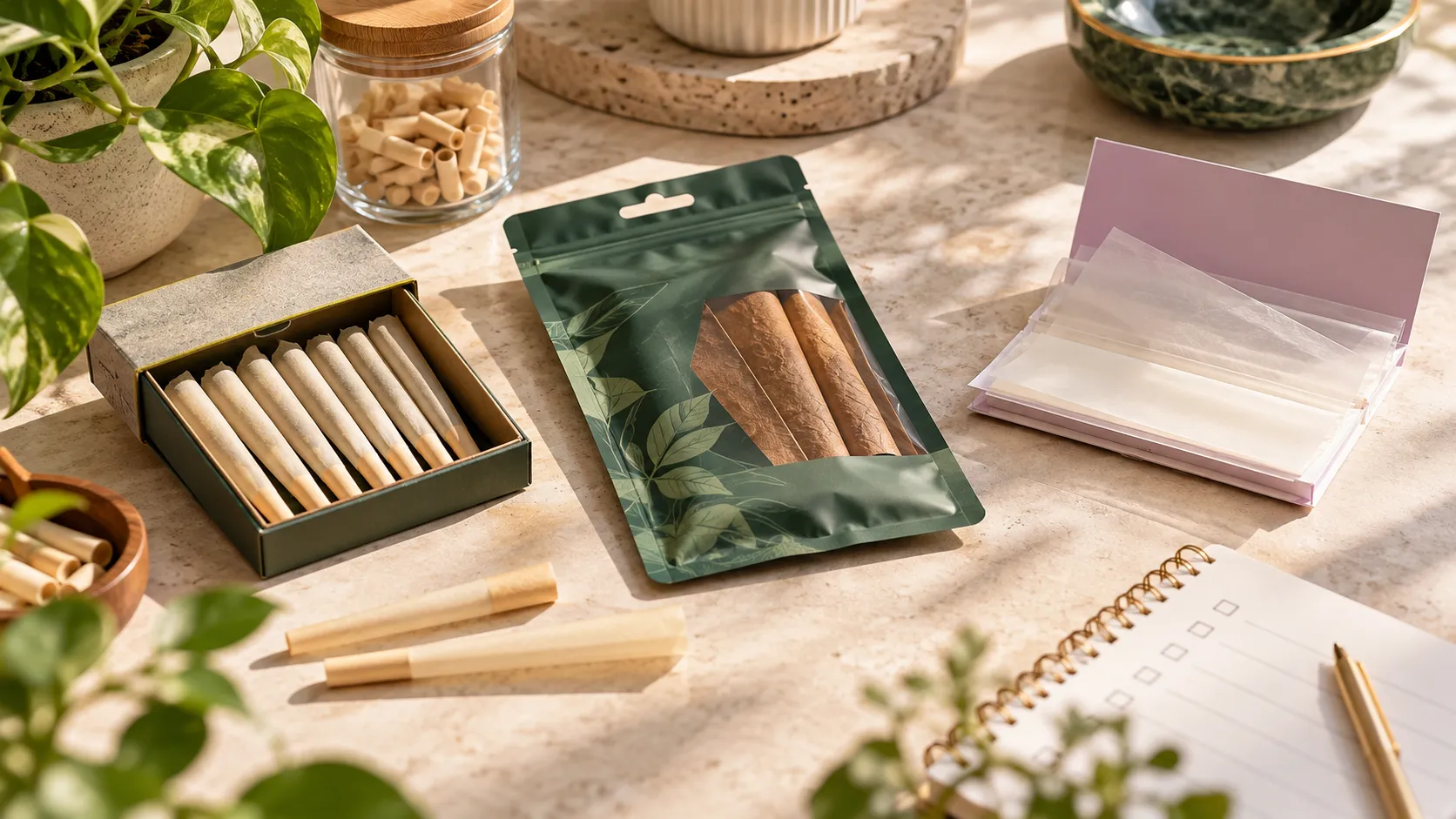 Terpene Infused Cones and Hemp Wraps: How They Differ and What to Check Before You Buy 4 Terpene infused cones in a box beside a pouch of wraps and a booklet of clear cellulose wraps, next to a buying checklist