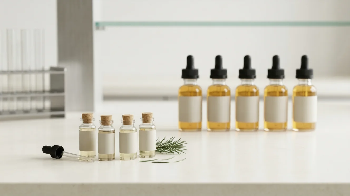 Sample vials and full-scale dropper bottles showing the journey from sample to scale for a consistent terpene product