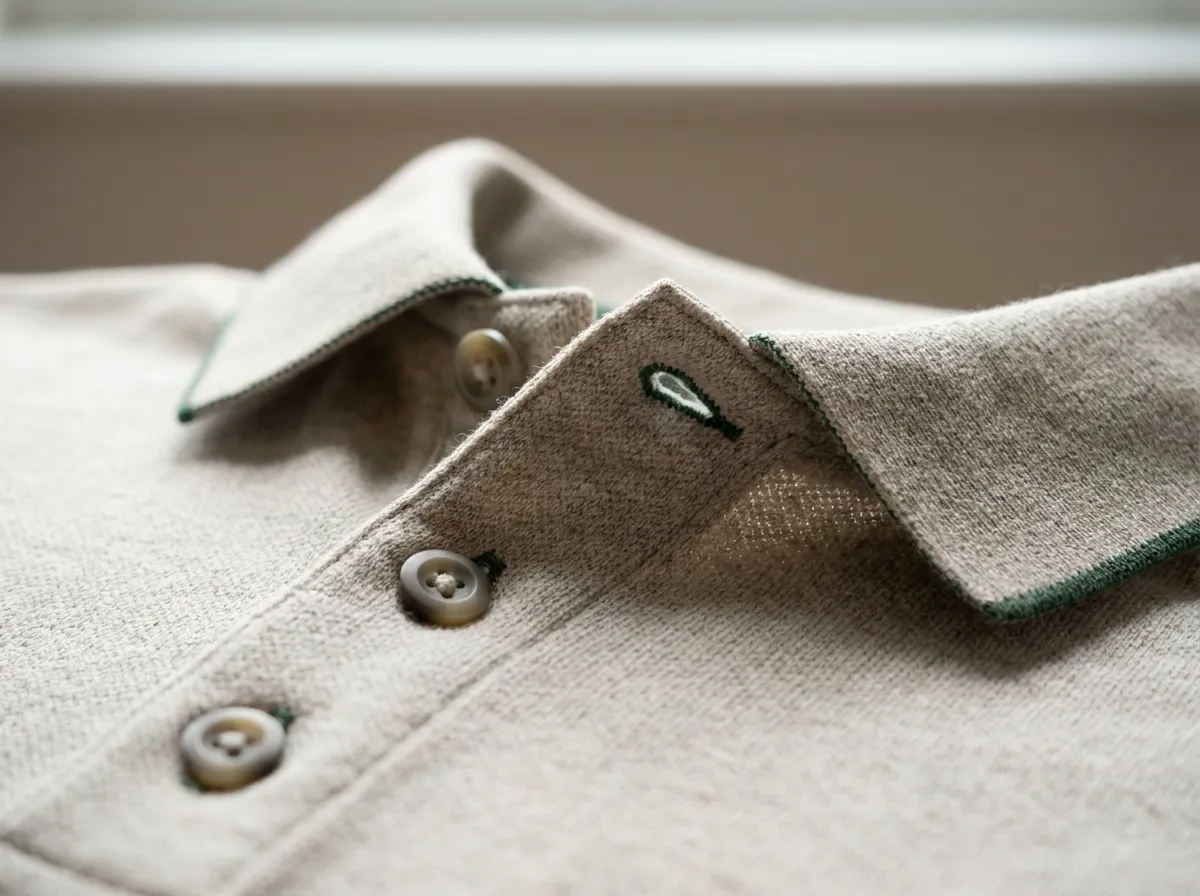 Custom branded polo collar and placket detail produced for white label clients