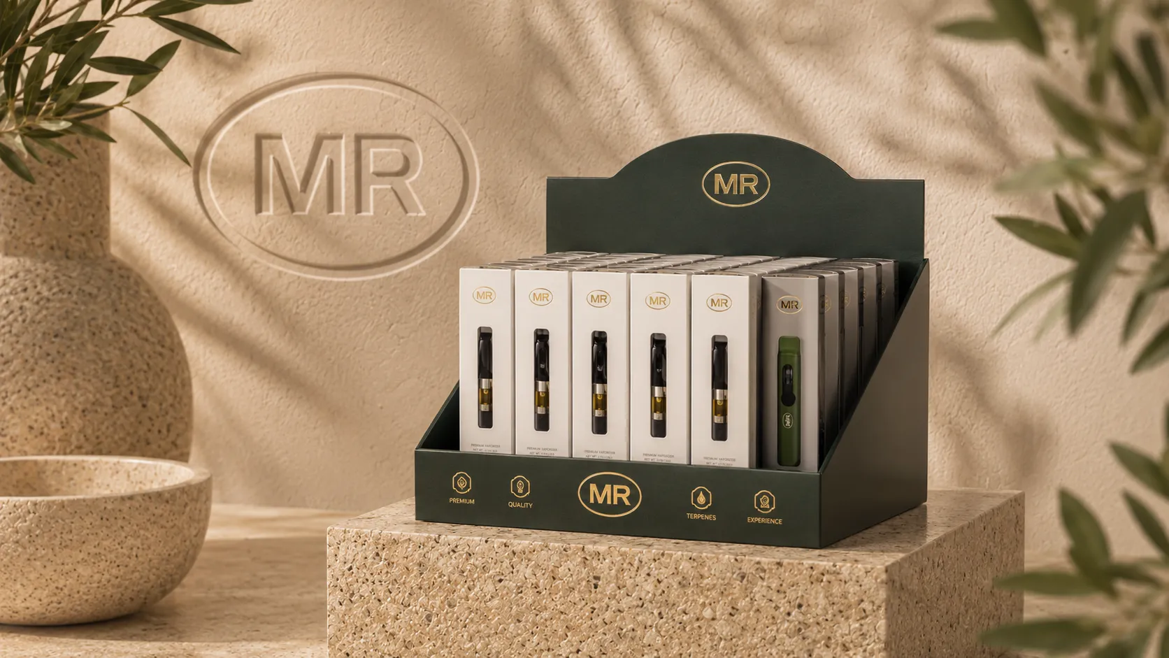 Custom counter display unit with product-ready rows and printed header card