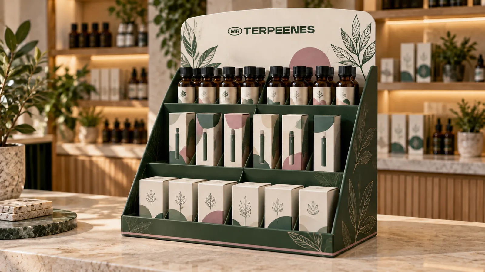 Branded Mr Terpeenes countertop POS display organising terpene bottles, vape products and boxed CBD-style packaging by SKU