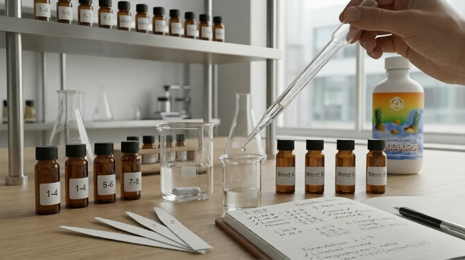 Custom terpene blends development table with sample vials and formulation tools in a professional workspace