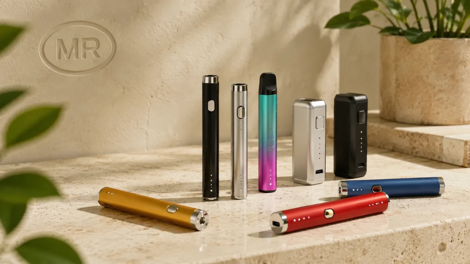 Close-up of customisable 510 vape batteries showing finishes and button detail