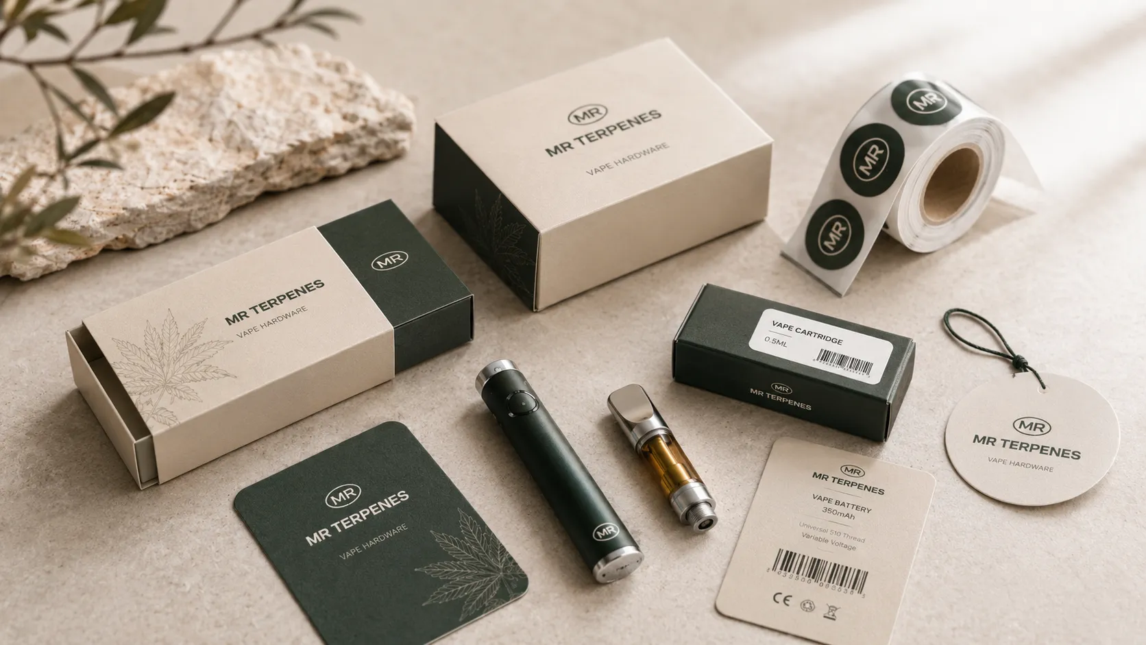 Custom vape hardware boxes, product labels and branded stickers used for device identification
