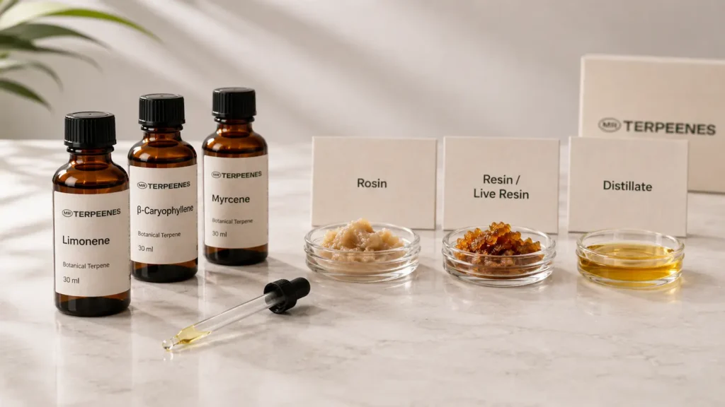 Extract-based terpene blending setup with rosin, resin, live resin and distillate samples beside terpene bottles.
