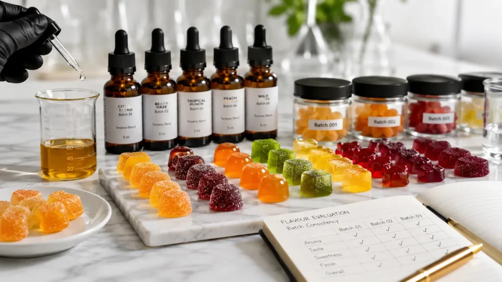 Terpenes for gummies arranged with colourful edible samples, batch jars and flavour consistency testing materials.