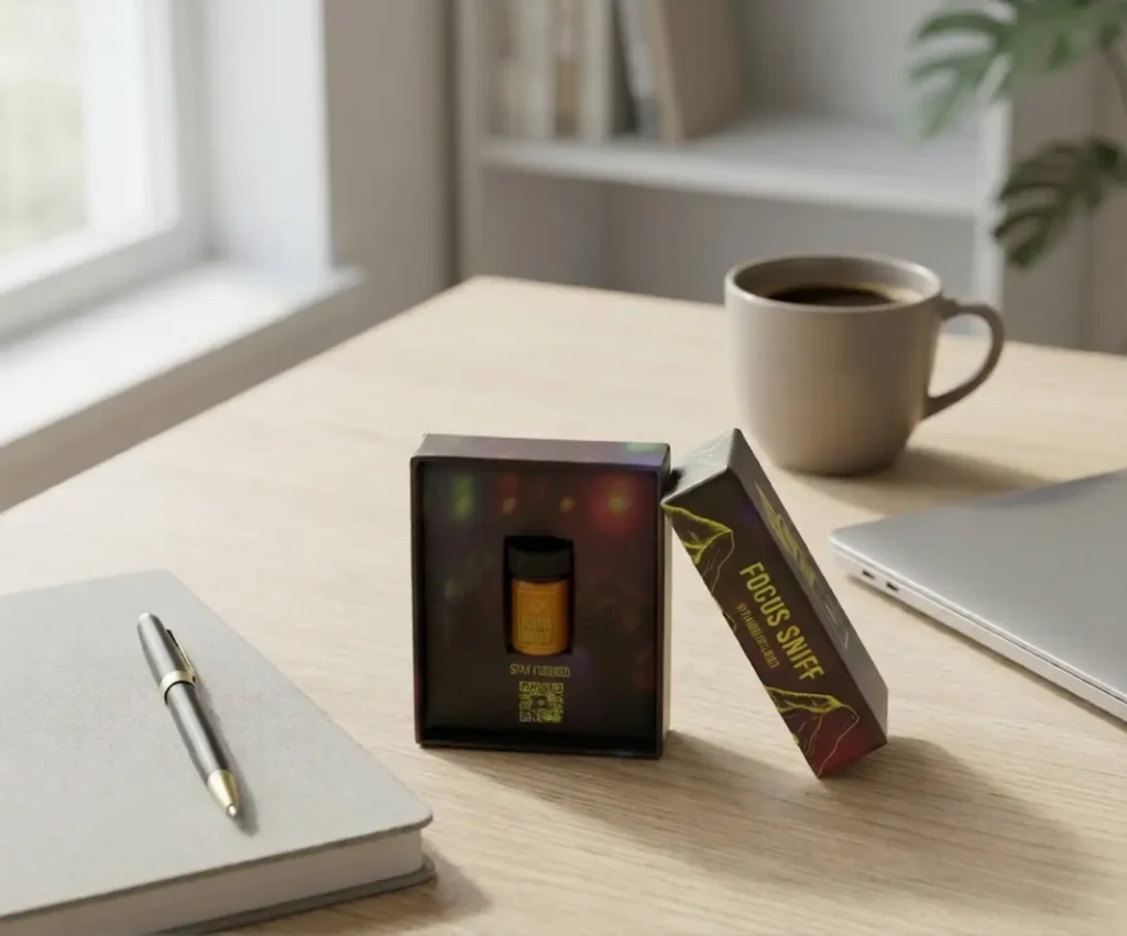Focus Sniff product placed in a clean daily routine workspace for focus and energy
