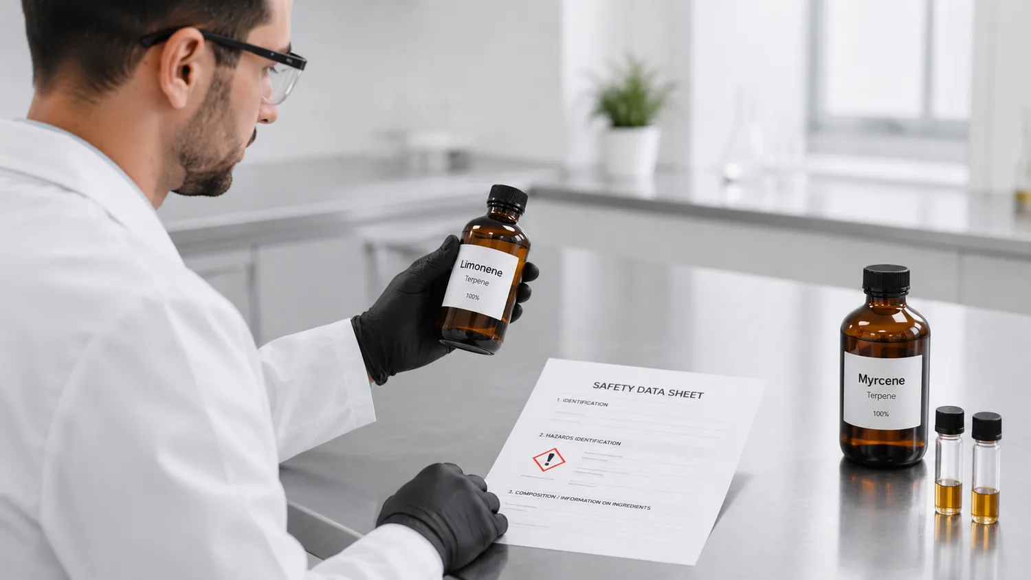 Quality technician inspecting a food grade Limonene terpene bottle next to a safety data sheet for compliance review