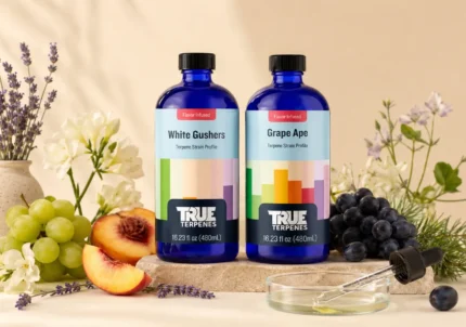 Fruity terpene strain profiles White Gushers and Grape Ape with grapes, peach and lavender botanicals