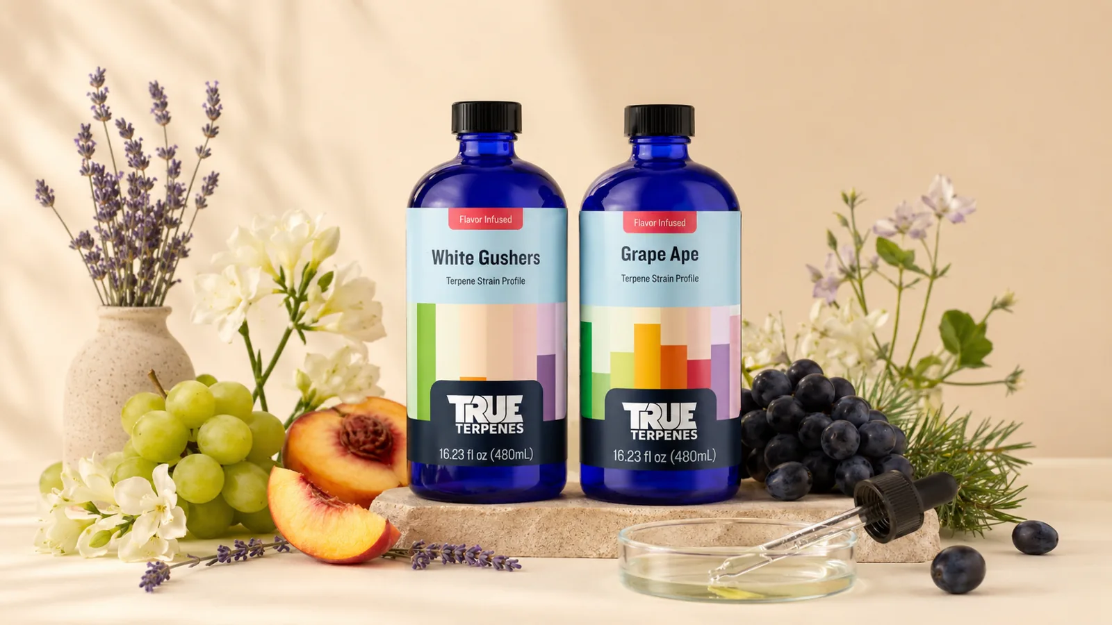 Fruity terpene strain profiles White Gushers and Grape Ape with grapes, peach and lavender botanicals