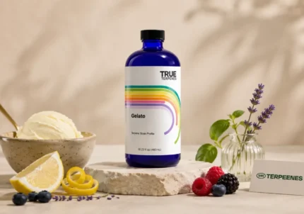 Gelato terpene profile hero with gelato bottle, ice cream, lemon and berries