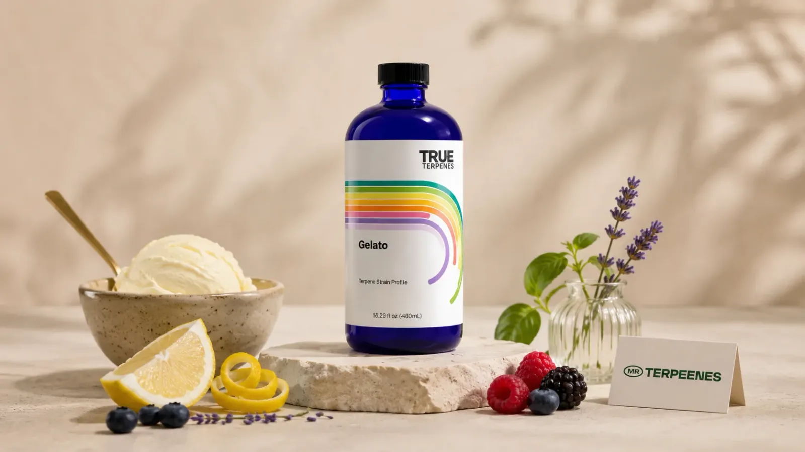 Gelato terpene profile hero with gelato bottle, ice cream, lemon and berries