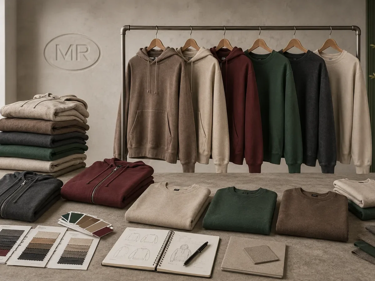 Branded hoodies and sweatshirts prepared for retail drops and staff apparel