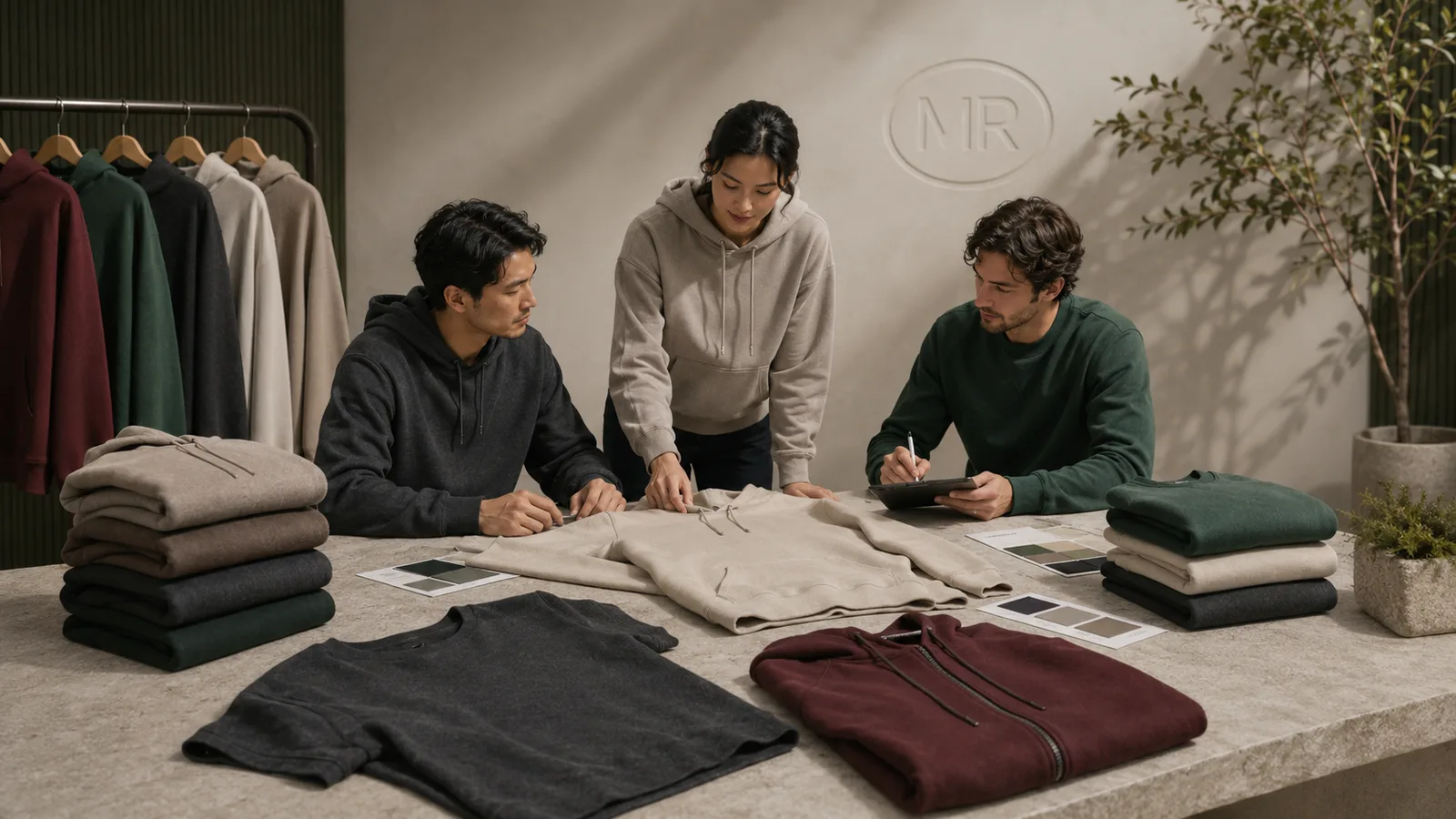 Team reviewing white label hoodies and sweatshirts for branded apparel production