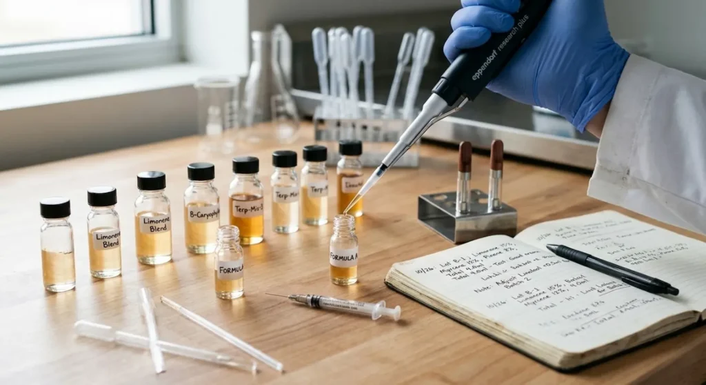 Small-batch terpene mixing process for vape cartridges using pipette and test vials
