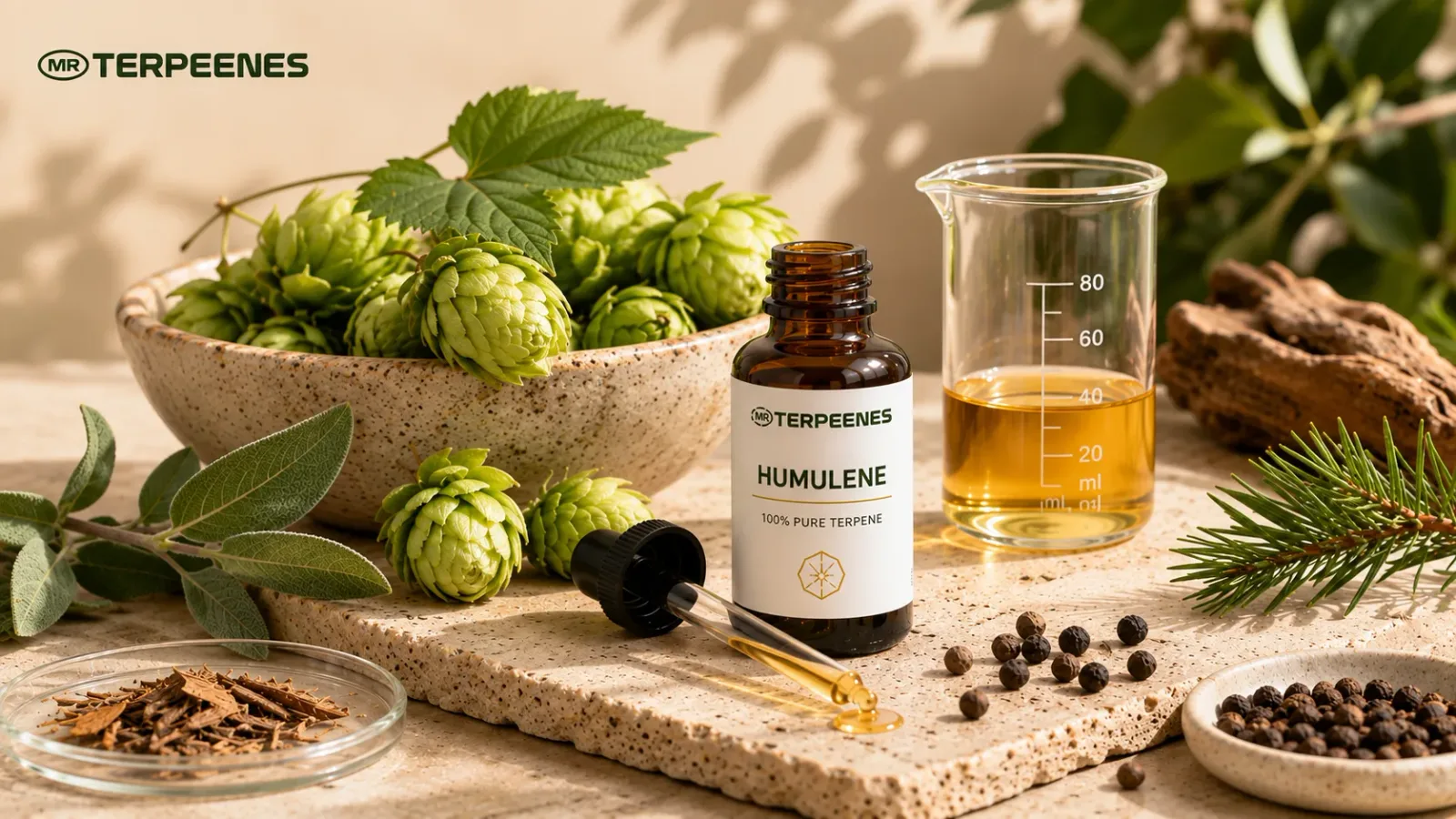 Mr Terpeenes humulene terpene bottle beside a bowl of hop cones, sage, a conifer sprig, black peppercorns and a beaker of amber terpene oil