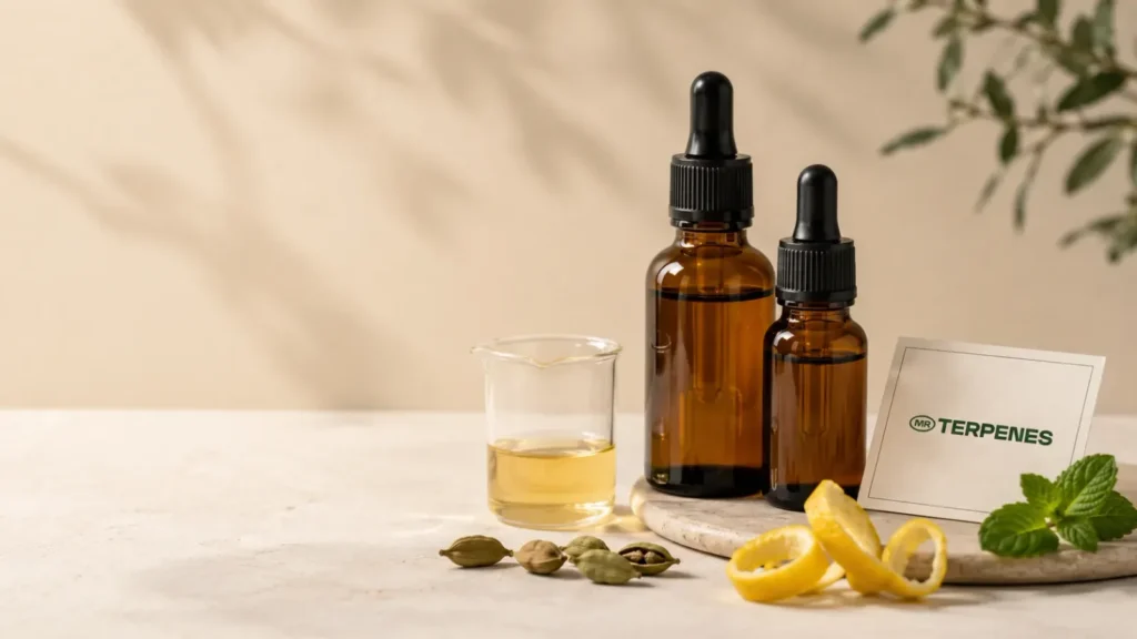 Amber CBD oil tincture bottles on a workbench with botanical terpene vials, illustrating flavour and aroma formulation for CBD products.