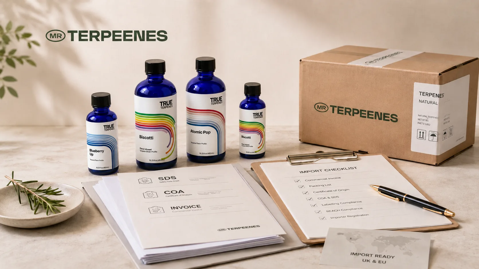 Importing terpenes into the UK with product documentation, SDS, COA and labelled bottles
