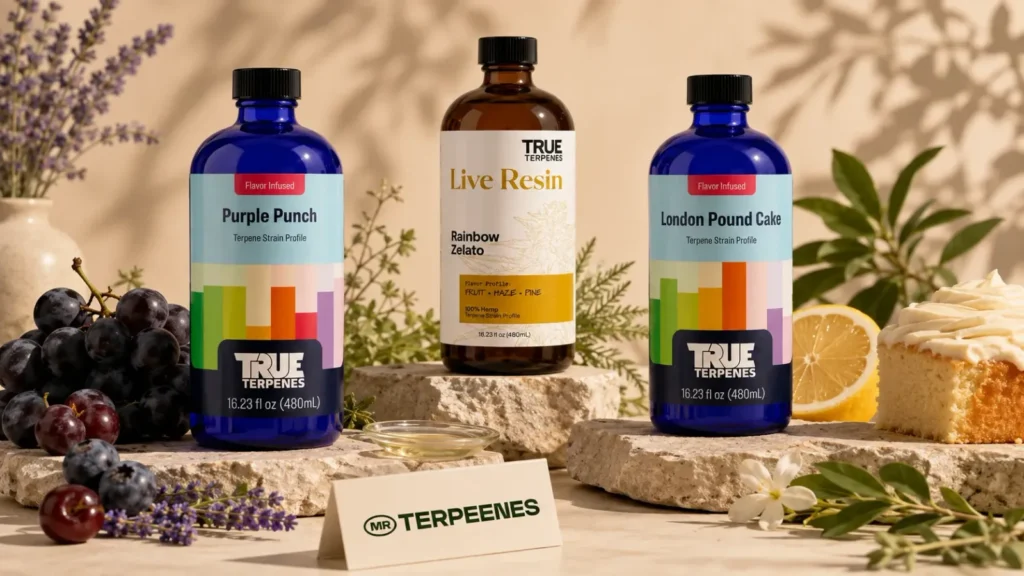 Indica terpene profile with earthy, sweet and gas aroma directions shown beside True Terpenes bottles